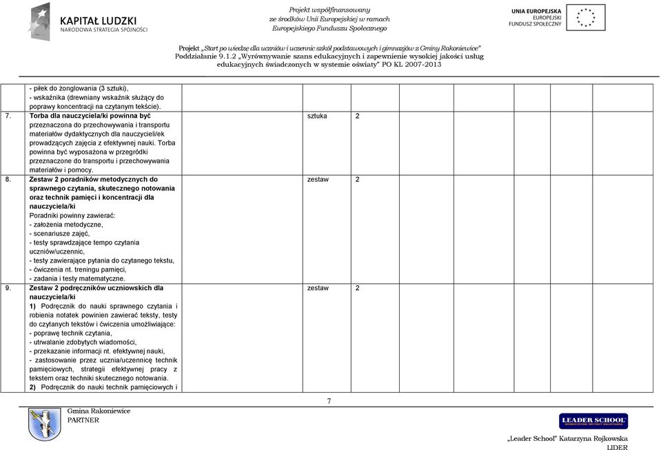 Torba powinna być wyposażona w przegródki przeznaczone do transportu i przechowywania materiałów i pomocy. 8.