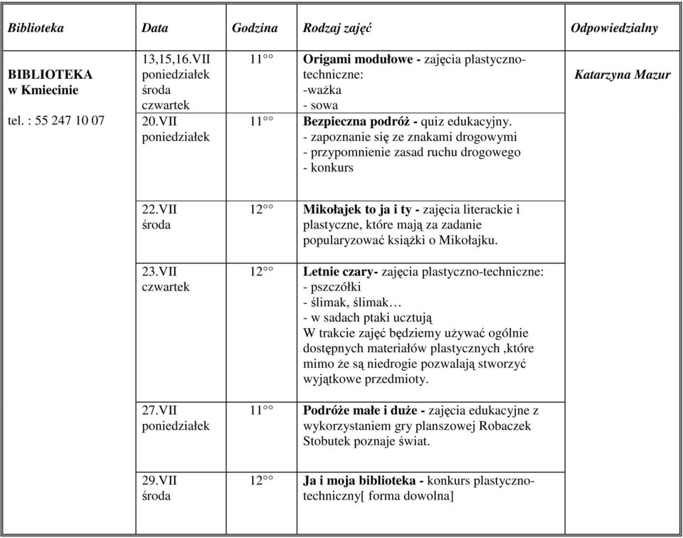 VII 12 Mikołajek to ja i ty - zajęcia literackie i plastyczne, które mają za zadanie popularyzować ksiąŝki o Mikołajku. 23.