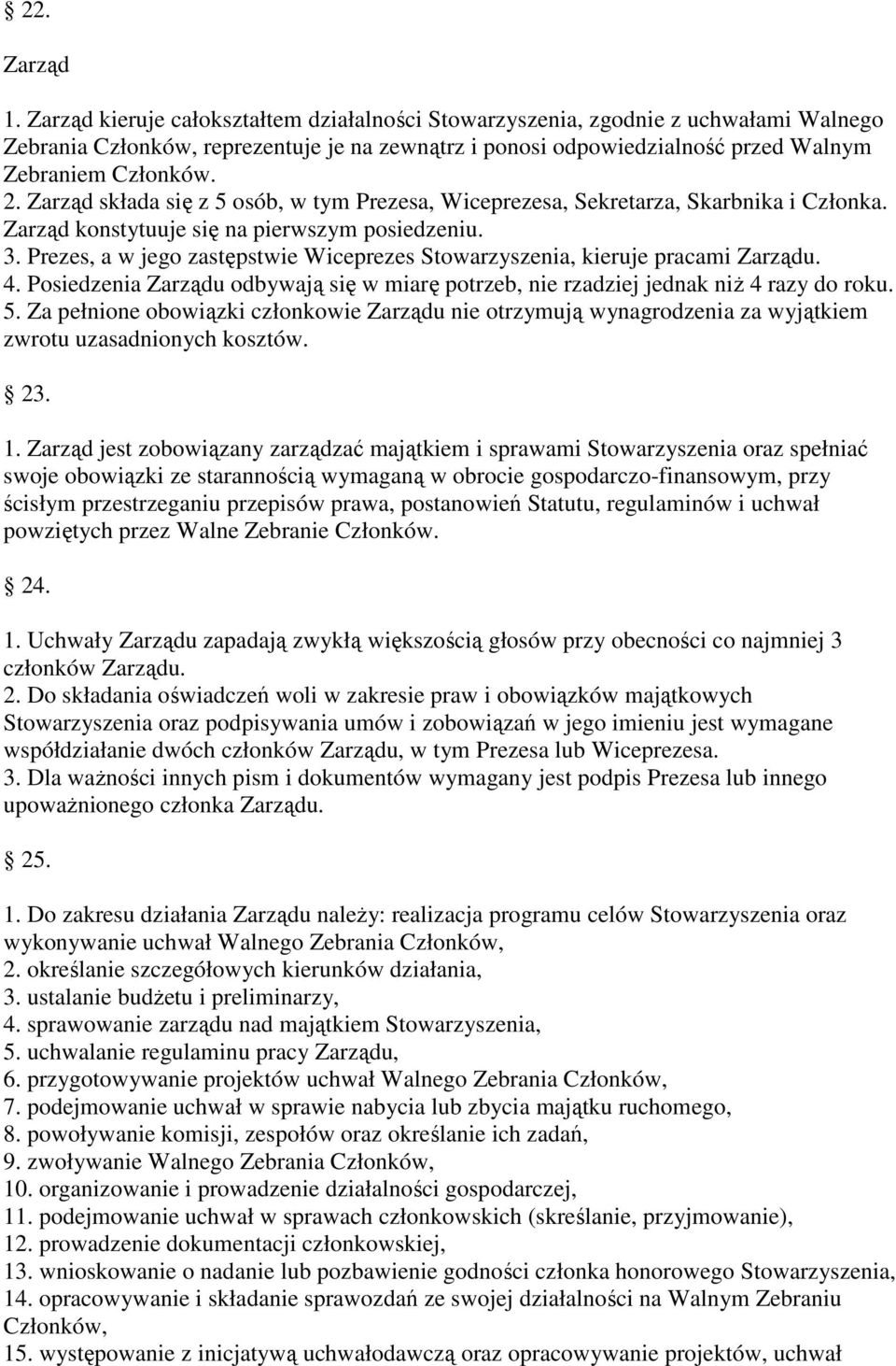 Zarząd składa się z 5 osób, w tym Prezesa, Wiceprezesa, Sekretarza, Skarbnika i Członka. Zarząd konstytuuje się na pierwszym posiedzeniu. 3.