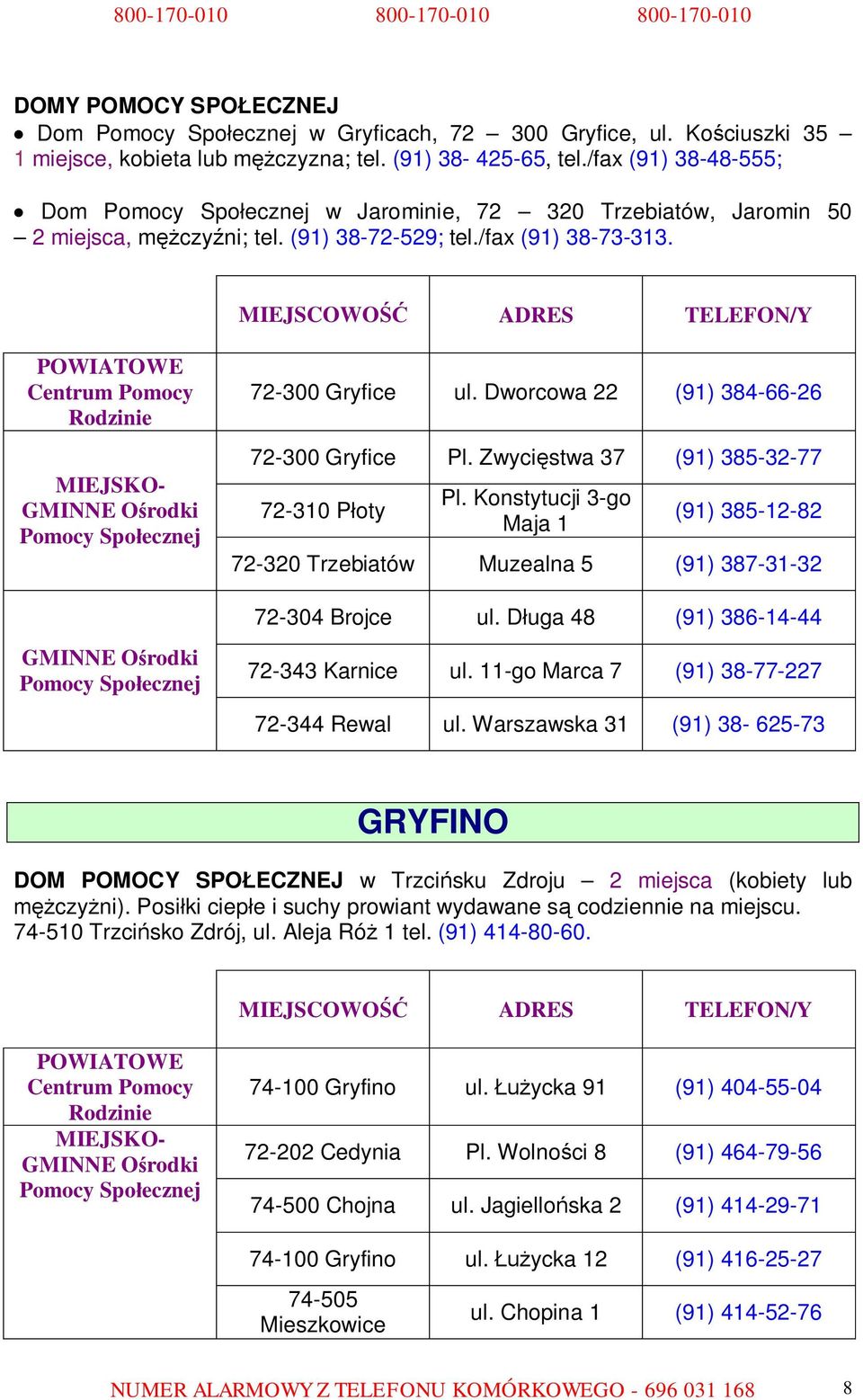 Zwycięstwa 37 (91) 385-32-77 72-310 Płoty Pl. Konstytucji 3-go Maja 1 (91) 385-12-82 72-320 Trzebiatów Muzealna 5 (91) 387-31-32 72-304 Brojce ul. Długa 48 (91) 386-14-44 72-343 Karnice ul.