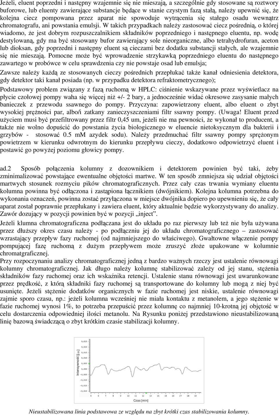 W takich przypadkach naleŝy zastosować ciecz pośrednią, o której wiadomo, Ŝe jest dobrym rozpuszczalnikiem składników poprzedniego i następnego eluentu, np.