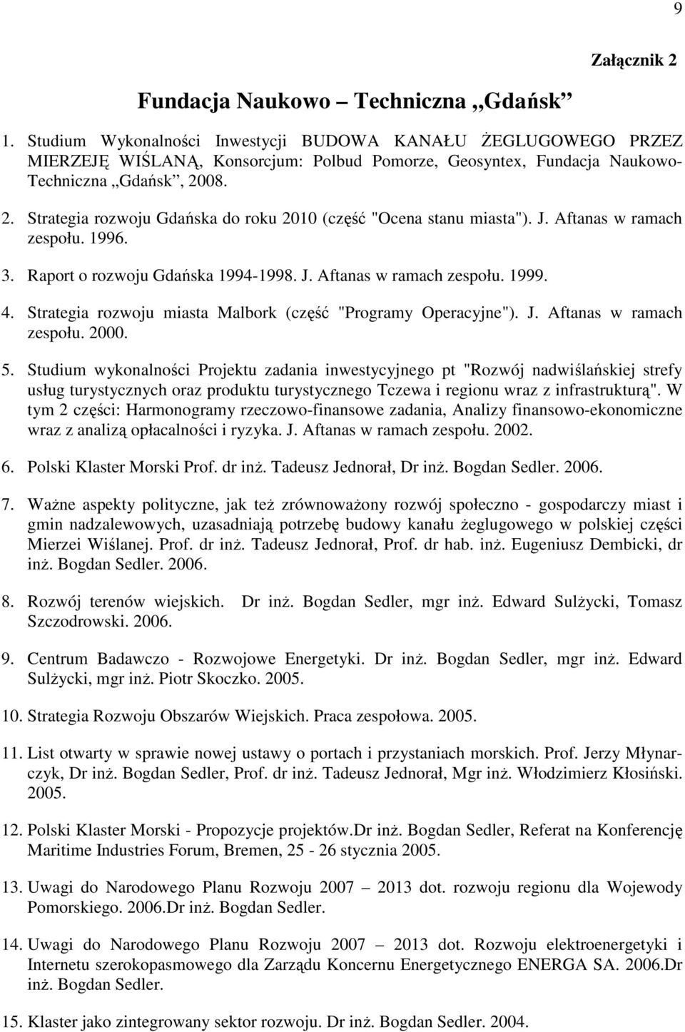 08. 2. Strategia rozwoju Gdańska do roku 2010 (część "Ocena stanu miasta"). J. Aftanas w ramach zespołu. 1996. 3. Raport o rozwoju Gdańska 1994-1998. J. Aftanas w ramach zespołu. 1999. 4.