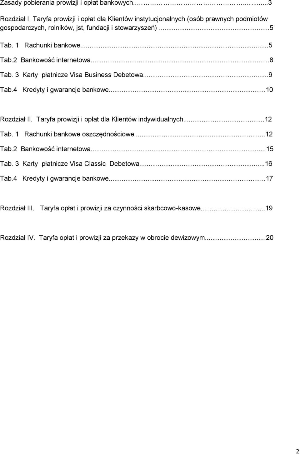 ..8 Tab. 3 Karty płatnicze Visa Business Debetowa...9 Tab.4 Kredyty i gwarancje bankowe...10 Rozdział II. Taryfa prowizji i opłat dla Klientów indywidualnych...12 Tab.