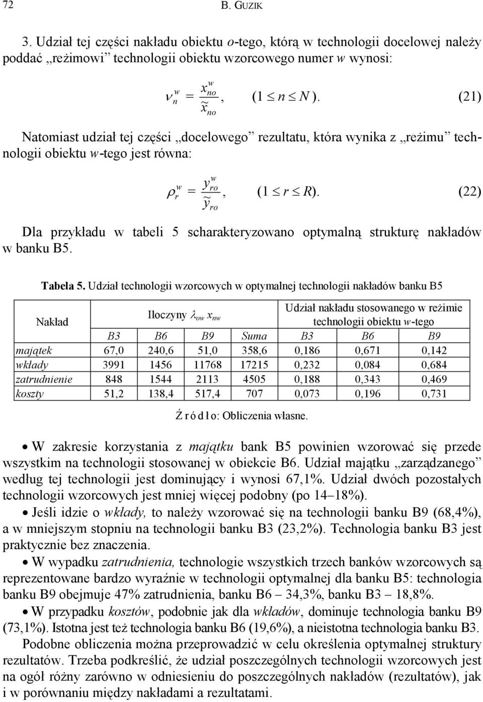 (22) Dla przykładu w tabeli 5 scharakteryzowano optymalną strukturę nakładów w banku B5. Tabela 5.