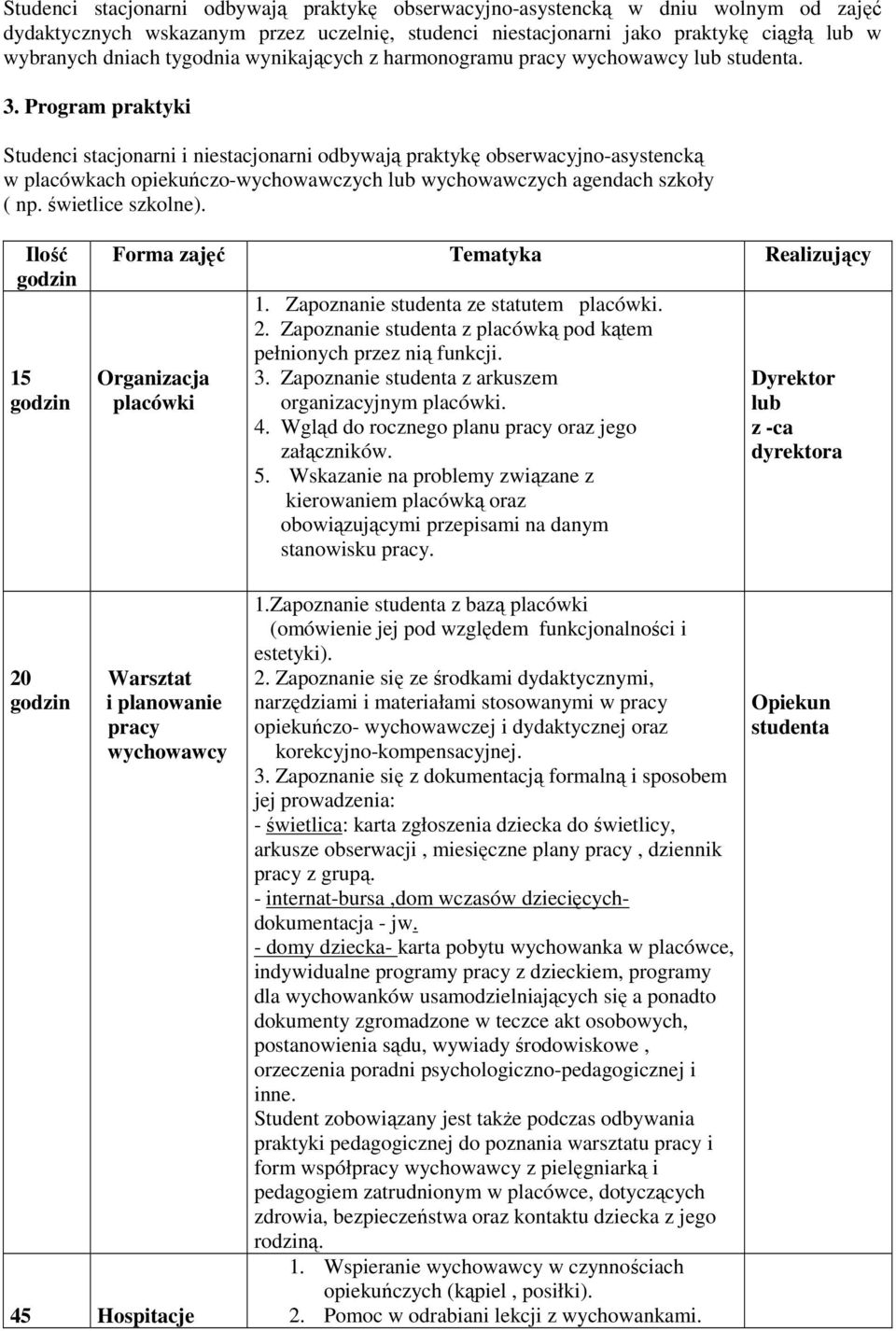 Program praktyki Studenci stacjonarni i niestacjonarni odbywają praktykę obserwacyjno-asystencką w placówkach opiekuńczo-wychowawczych lub wychowawczych agendach szkoły ( np. świetlice szkolne).