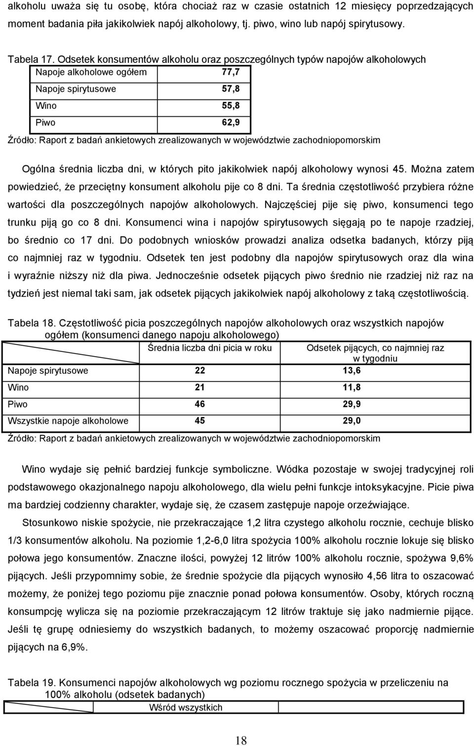 w województwie zachodniopomorskim Ogólna średnia liczba dni, w których pito jakikolwiek napój alkoholowy wynosi 45. Można zatem powiedzieć, że przeciętny konsument alkoholu pije co 8 dni.