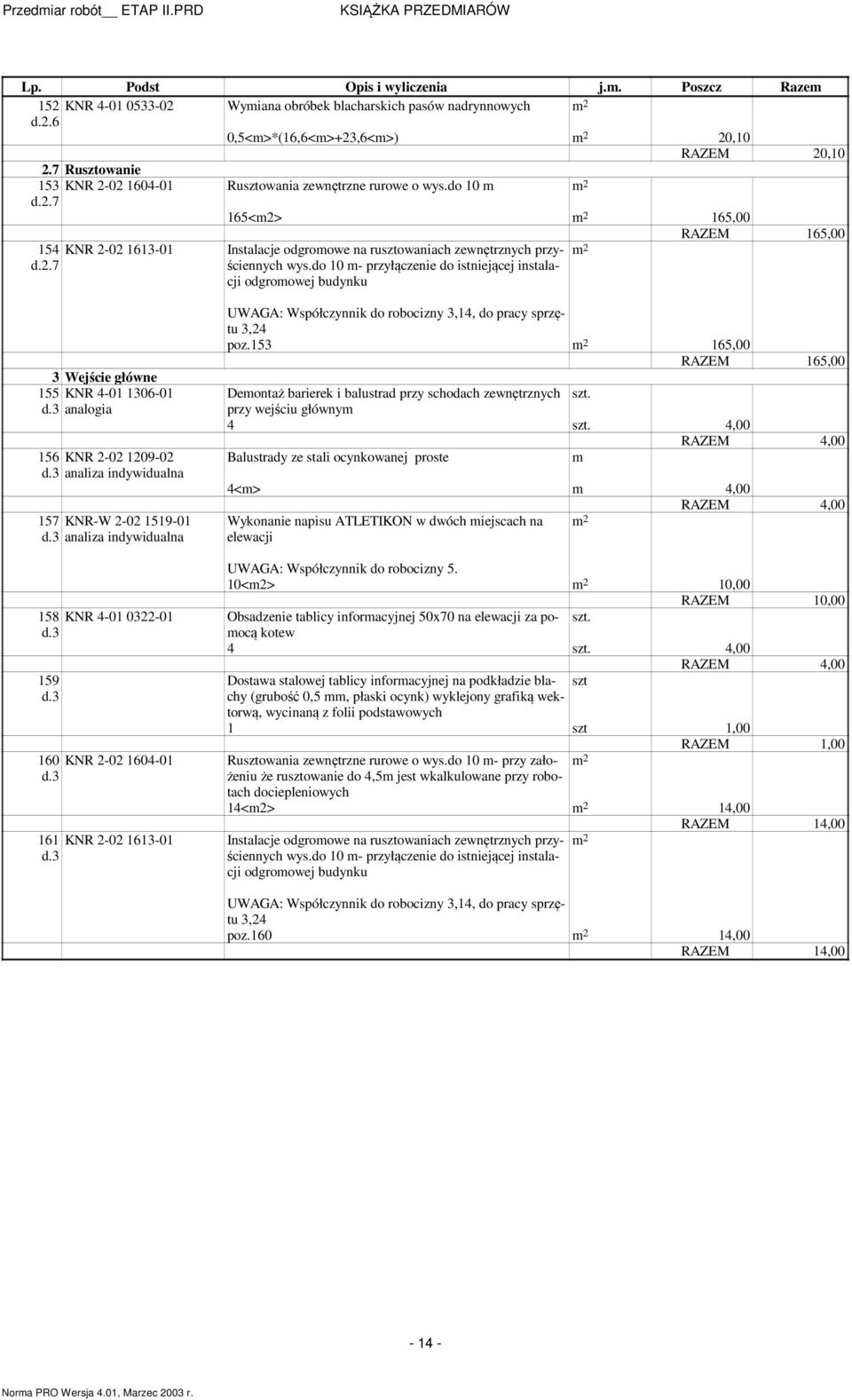 do 10 - przyłączenie do istniejącej instala- cji odgroowej budynku 3 Wejście główne 155 KNR 4-01 1306-01 d.3 analogia 156 KNR 2-02 1209-02 d.3 analiza indywidualna 157 KNR-W 2-02 1519-01 d.