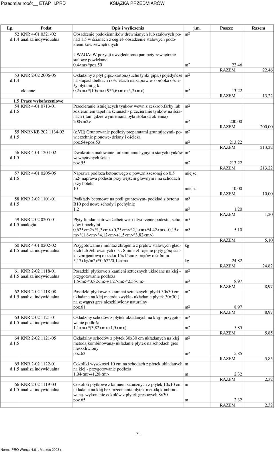 50 22,46 RAZEM 22,46 53 KNR 2-02 2006-05 Okładziny z płyt gips.-karton.(suche tynki gips.) pojedyńcze d.1.