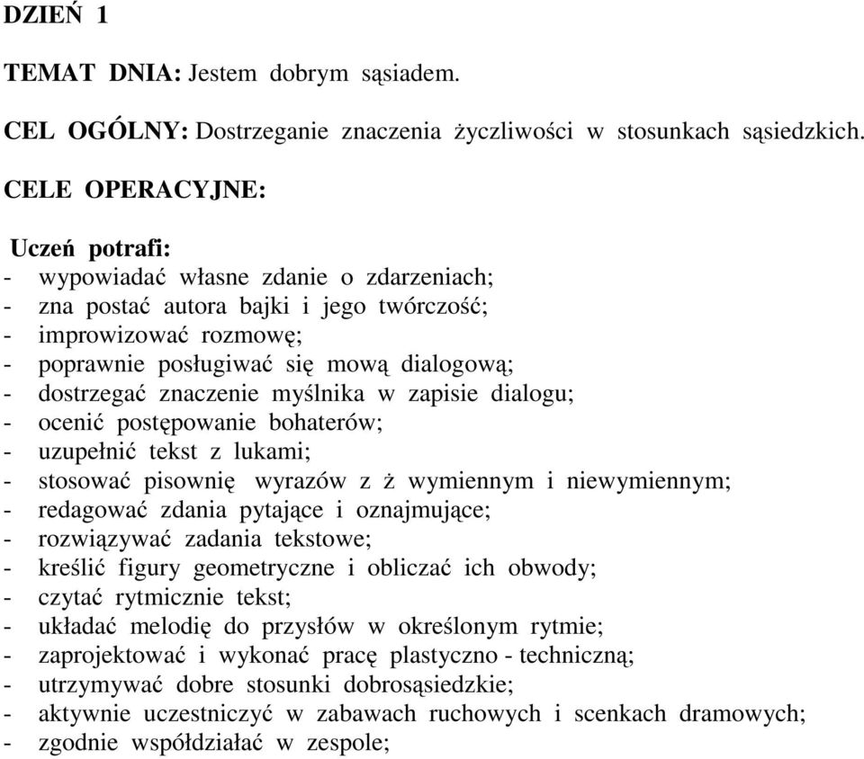 znaczenie myślnika w zapisie dialogu; - ocenić postępowanie bohaterów; - uzupełnić tekst z lukami; - stosować pisownię wyrazów z ż wymiennym i niewymiennym; - redagować zdania pytające i oznajmujące;