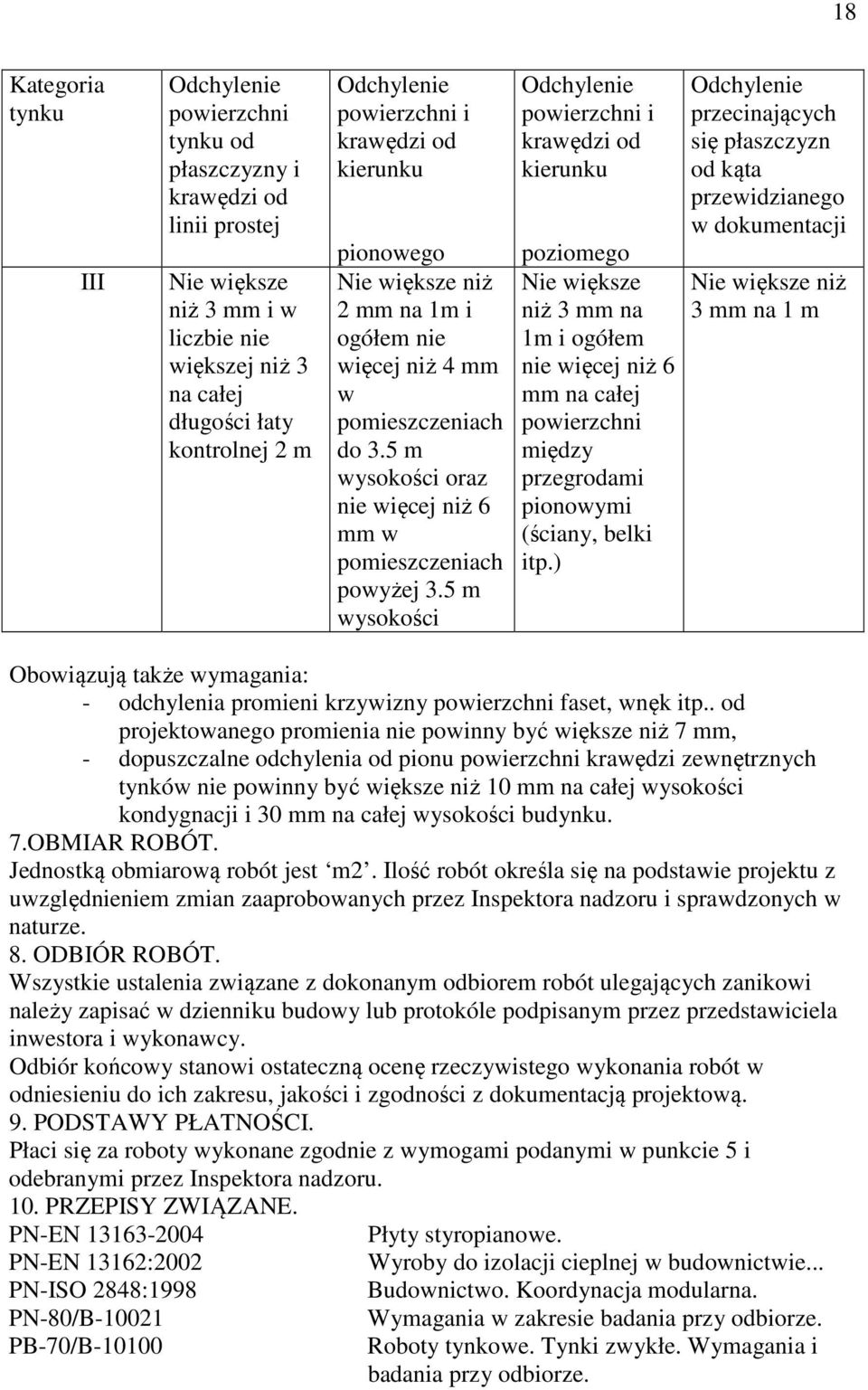 5 m wysokości Odchylenie powierzchni i krawędzi od kierunku poziomego Nie większe niż 3 mm na 1m i ogółem nie więcej niż 6 mm na całej powierzchni między przegrodami pionowymi (ściany, belki itp.