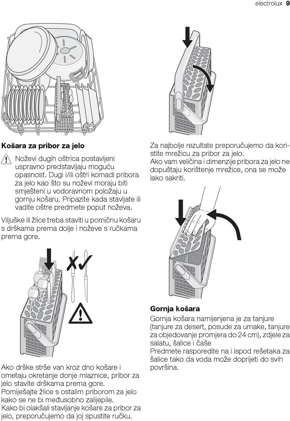 Viljuške ili žlice treba staviti u pomičnu košaru s drškama prema dolje i noževe s ručkama prema gore. Za najbolje rezultate preporučujemo da koristite mrežicu za pribor za jelo.
