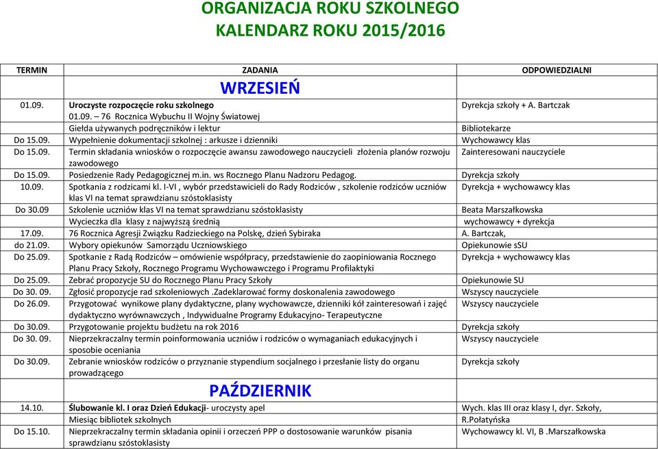 09. Posiedzenie Rady Pedagogicznej m.in. ws Rocznego Planu Nadzoru Pedagog. Dyrekcja szkoły 10.09. Spotkania z rodzicami kl.