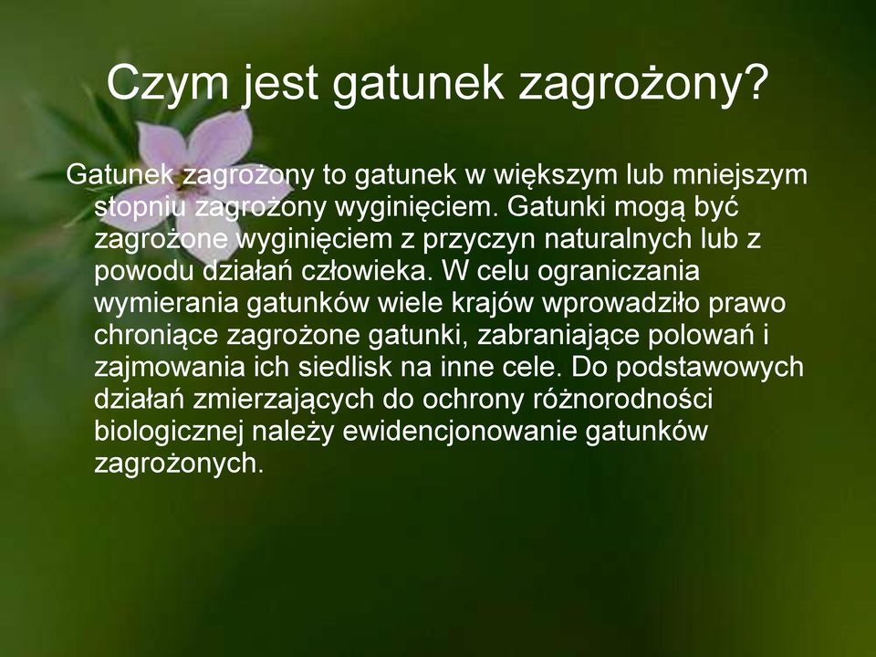 W celu ograniczania wymierania gatunków wiele krajów wprowadziło prawo chroniące zagrożone gatunki, zabraniające polowań i