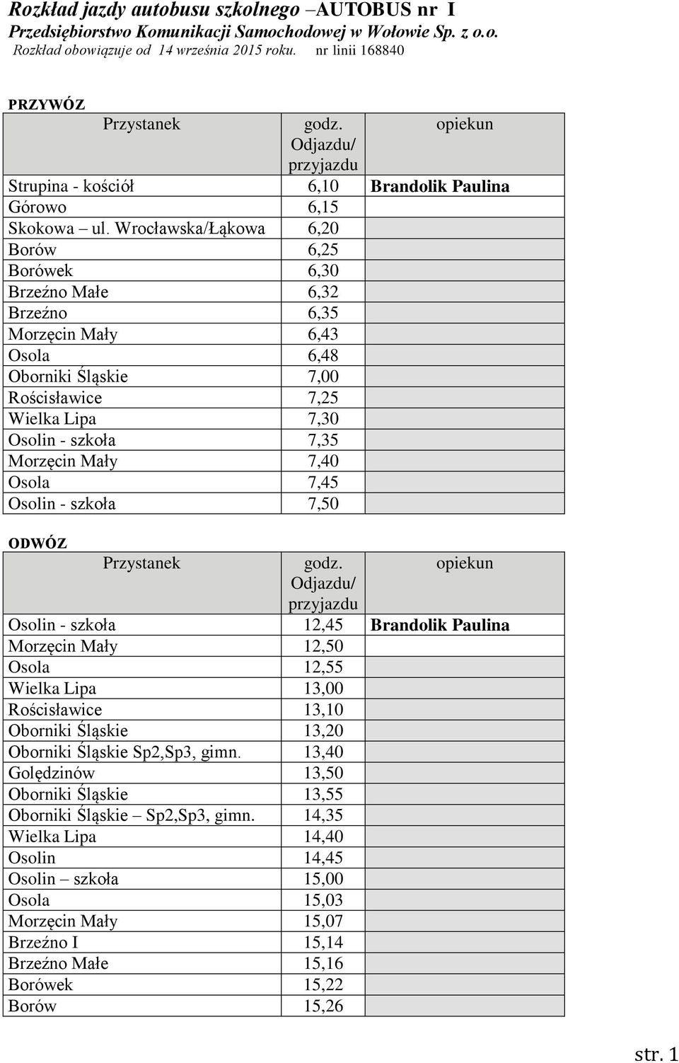 7,40 Osola 7,45 Osolin - szkoła 7,50 Osolin - szkoła 12,45 Brandolik Paulina Morzęcin Mały 12,50 Osola 12,55 Wielka Lipa 13,00 Rościsławice 13,10 Oborniki Śląskie 13,20 Oborniki Śląskie Sp2,Sp3, gimn.