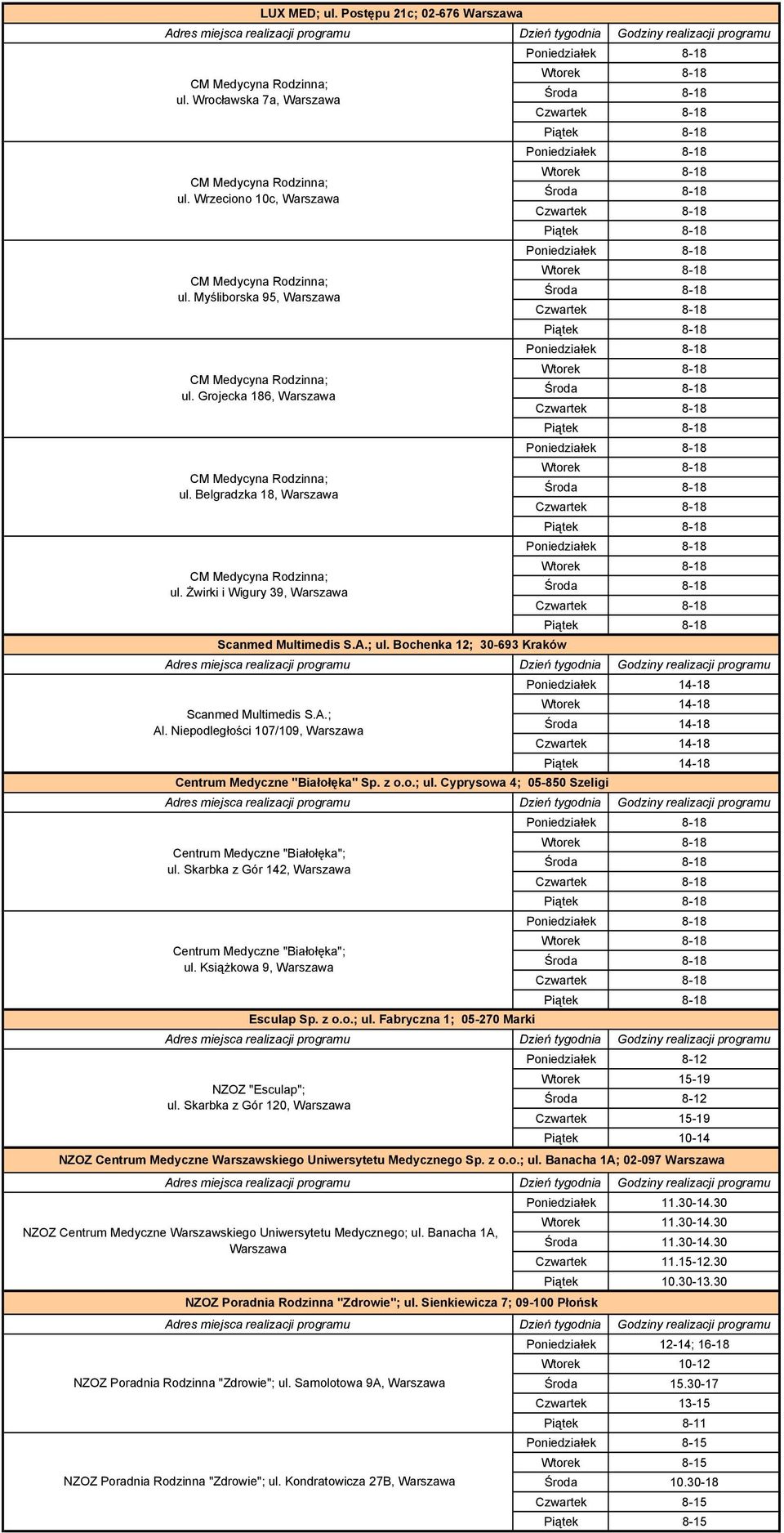 Niepodległości 107/109, Warszawa Czwartek 14-18 Piątek 14-18 Centrum Medyczne "Białołęka" Sp. z o.o.; ul. Cyprysowa 4; 05-850 Szeligi Centrum Medyczne "Białołęka"; ul.