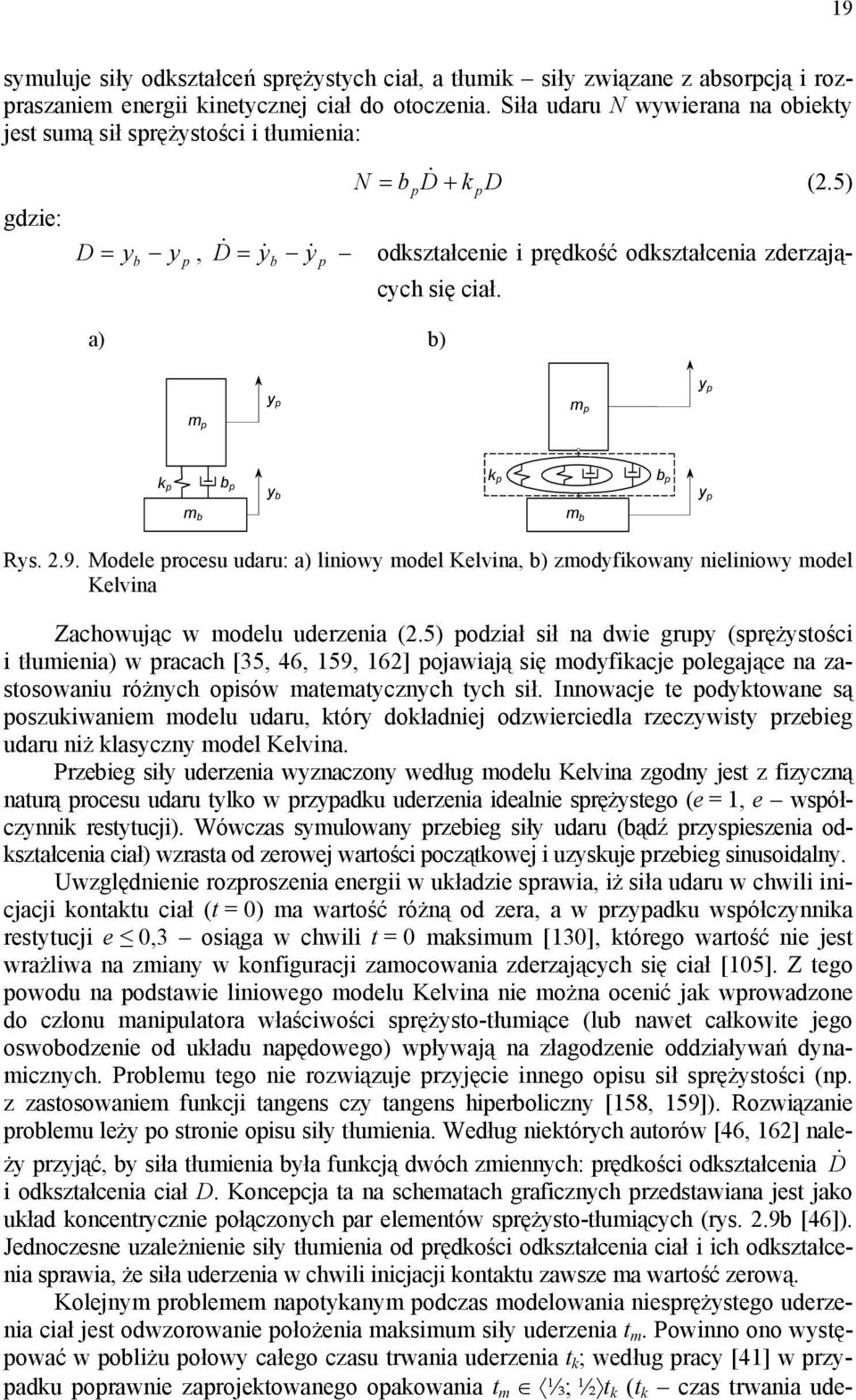 a) b) y y m m k b y b k b y m b m b Rys..9. Modele rocesu udaru: a) liniowy model Kelvina, b) zmodyfikowany nieliniowy model Kelvina Zachowując w modelu uderzenia (.