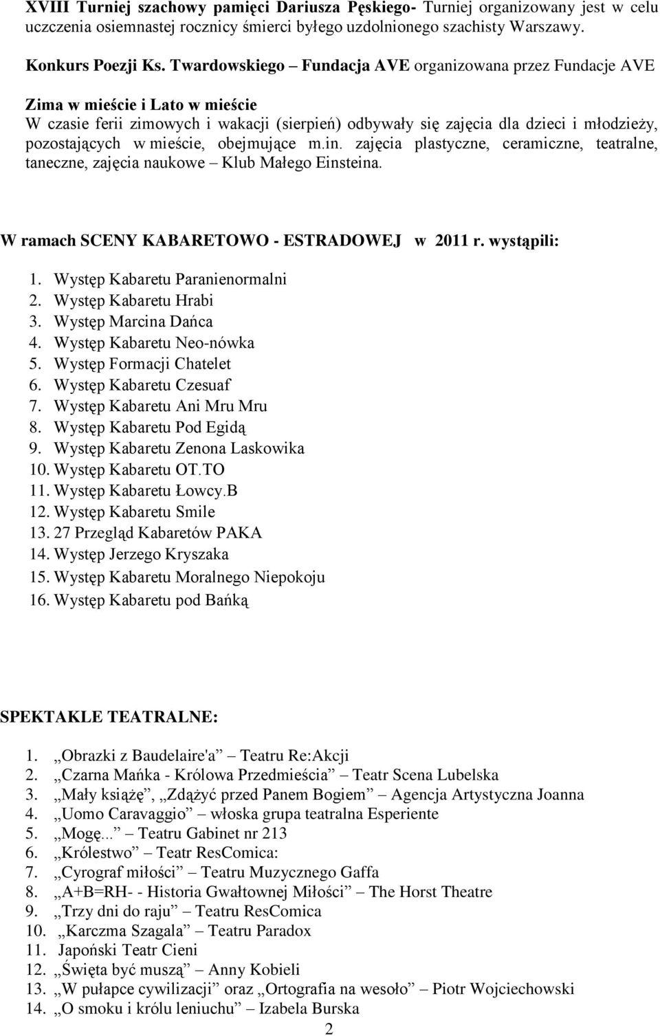 mieście, obejmujące m.in. zajęcia plastyczne, ceramiczne, teatralne, taneczne, zajęcia naukowe Klub Małego Einsteina. W ramach SCENY KABARETOWO - ESTRADOWEJ w 2011 r. wystąpili: 1.