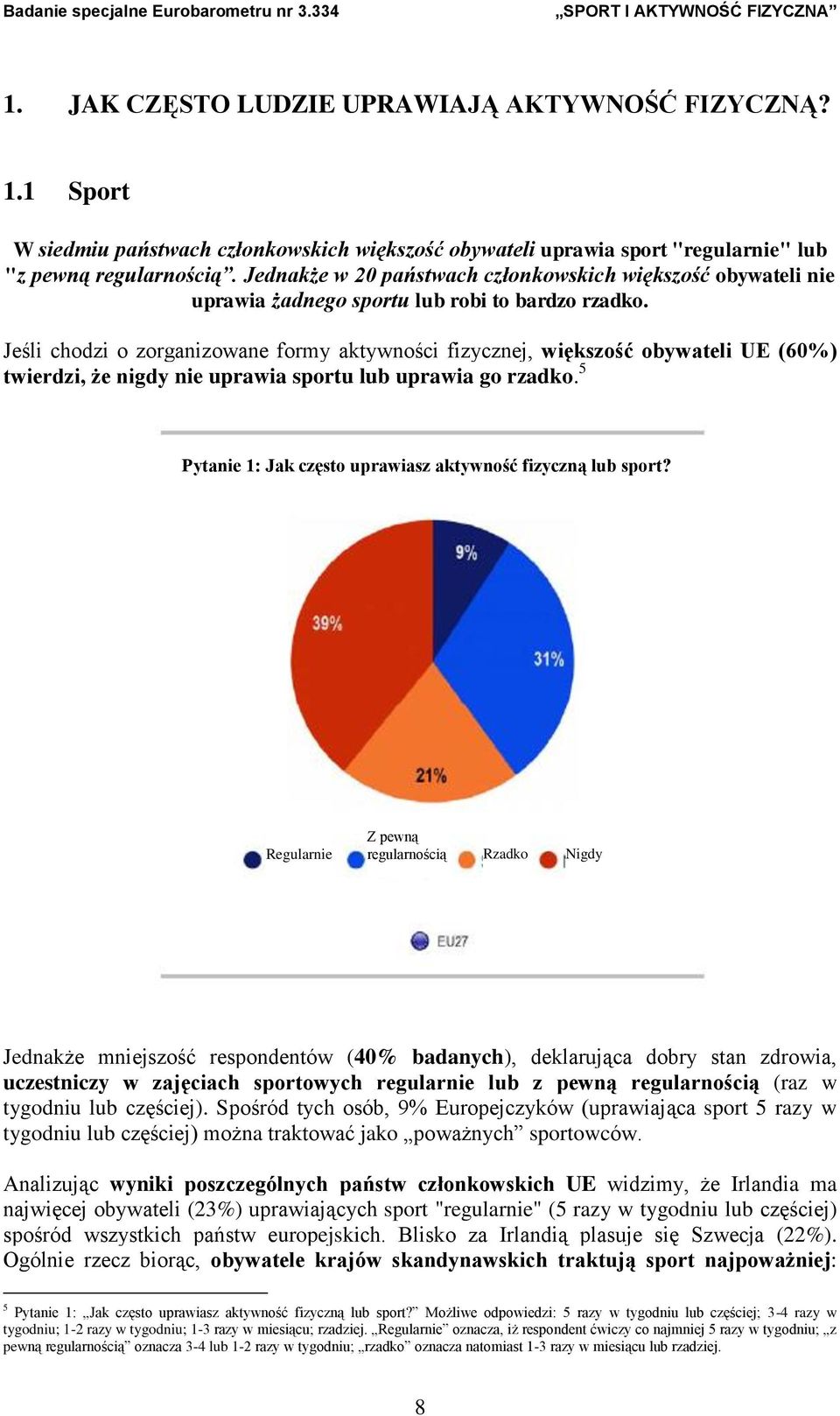 Jeśli chodzi o zorganizowane formy aktywności fizycznej, większość obywateli UE (60%) twierdzi, że nigdy nie uprawia sportu lub uprawia go rzadko.