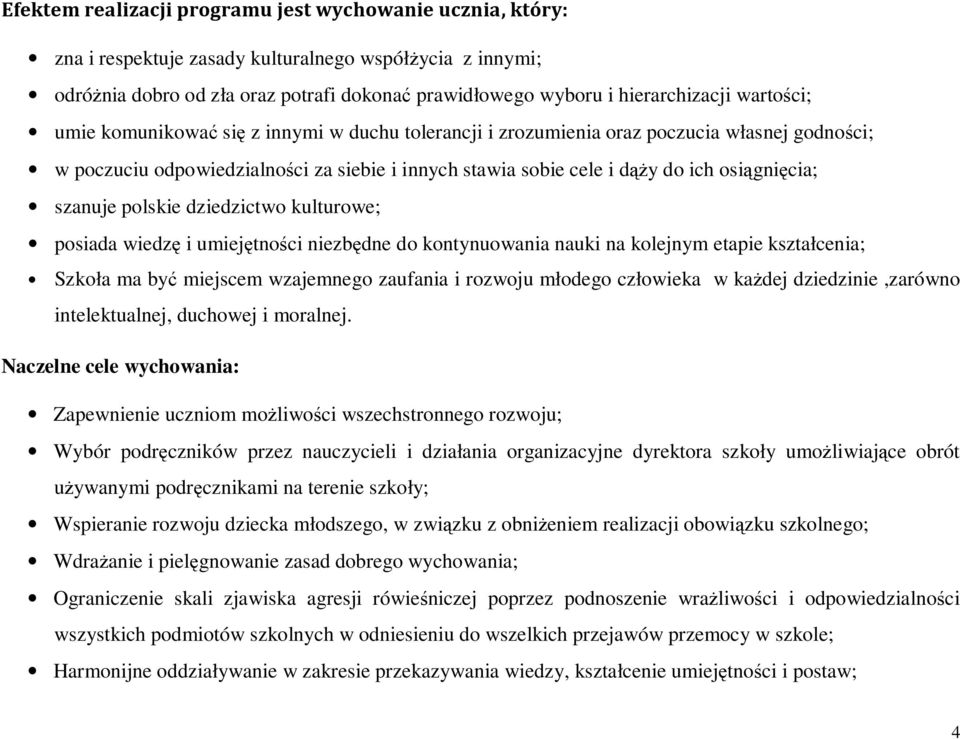 szanuje polskie dziedzictwo kulturowe; posiada wiedzę i umiejętności niezbędne do kontynuowania nauki na kolejnym etapie kształcenia; Szkoła ma być miejscem wzajemnego zaufania i rozwoju młodego