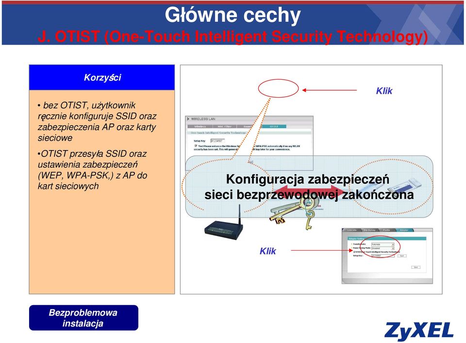 ręcznie konfiguruje SSID oraz zabezpieczenia AP oraz karty sieciowe OTIST przesyła