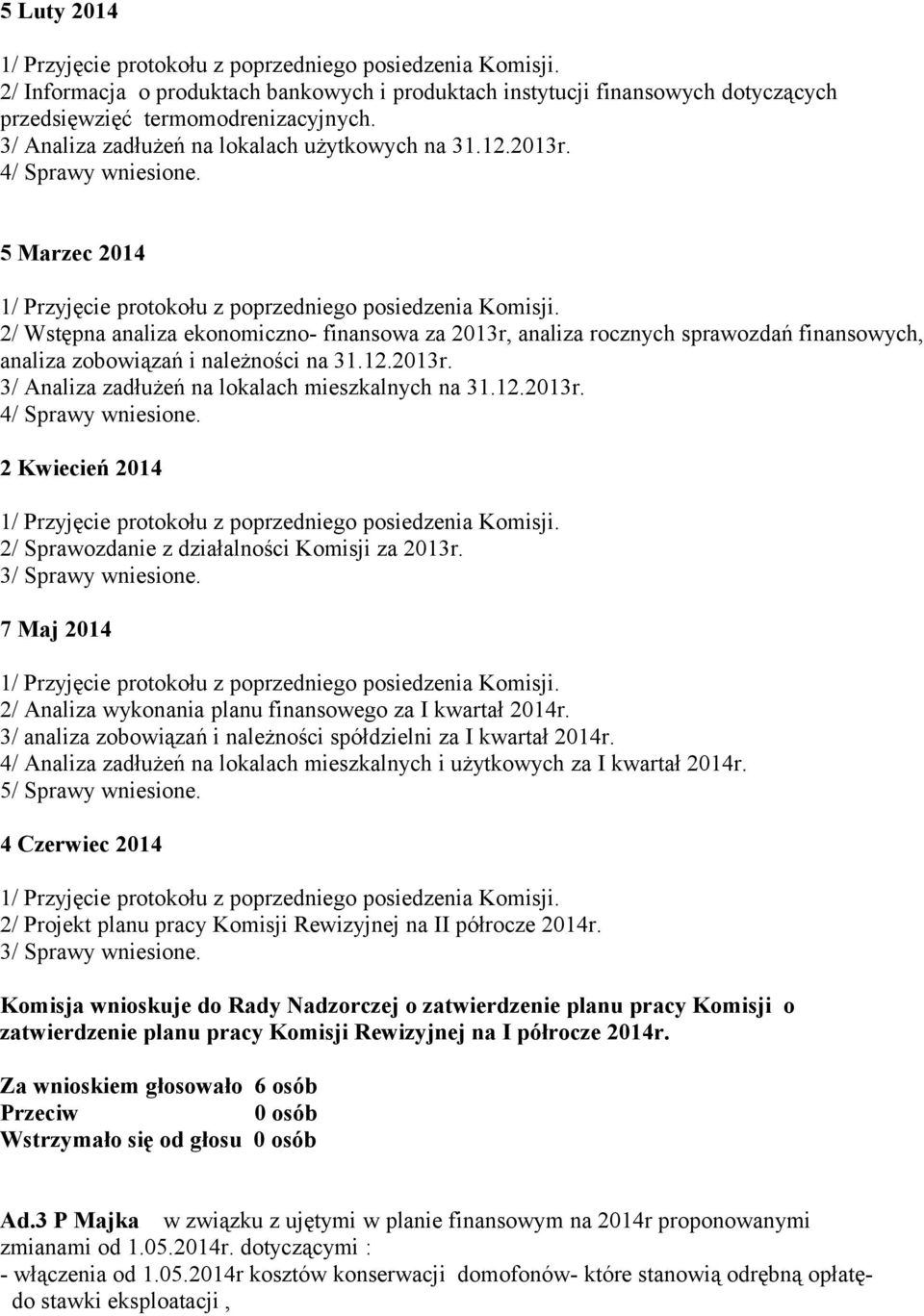 12.2013r. 4/ Sprawy wniesione. 2 Kwiecień 2014 2/ Sprawozdanie z działalności Komisji za 2013r. 3/ Sprawy wniesione. 7 Maj 2014 2/ Analiza wykonania planu finansowego za I kwartał 2014r.