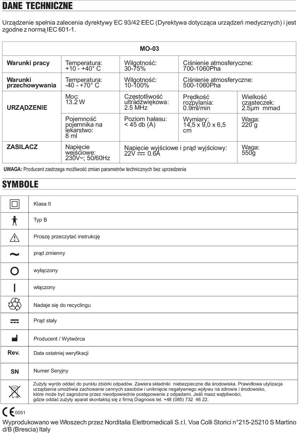 2 W Pojemnoœæ pojemnika na lekarstwo: 8 ml Napiêcie wejœciowe: 230V~; 50/60Hz MO-03 Wilgotnoœæ: 30-75% Wilgotnoœæ: 10-100% Czêstotliwoœæ ultradÿwiêkowa: 2.