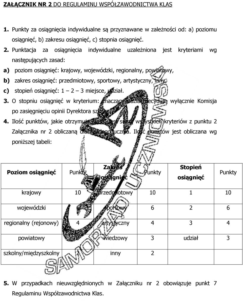 Punktacja za osiągnięcia indywidualne uzależniona jest kryteriami wg następujących zasad: a) poziom osiągnięć: krajowy, wojewódzki, regionalny, powiatowy, b) zakres osiągnięć: przedmiotowy, sportowy,