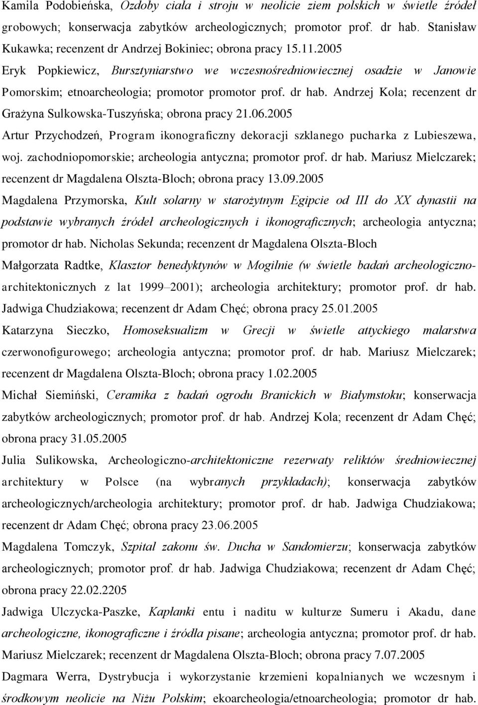 2005 Eryk Popkiewicz, Bursztyniarstwo we wczesnośredniowiecznej osadzie w Janowie Pomorskim; etnoarcheologia; promotor promotor prof. dr hab.