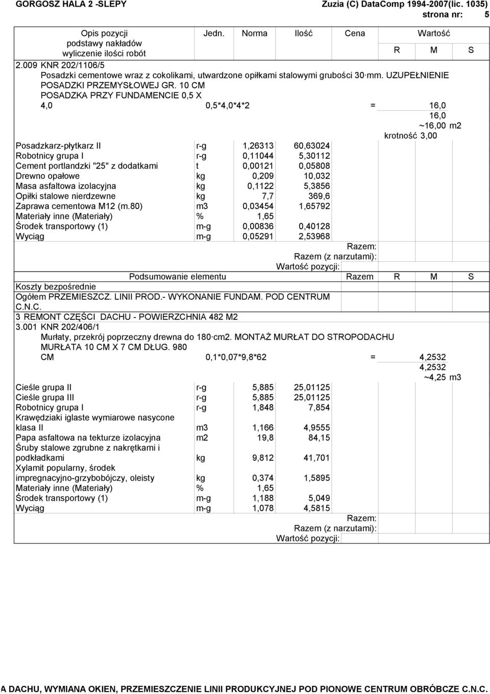 dodatkami t 0,00121 0,05808 Drewno opałowe kg 0,209 10,032 Masa asfaltowa izolacyjna kg 0,1122 5,3856 Opiłki stalowe nierdzewne kg 7,7 369,6 Zaprawa cementowa M12 (m.