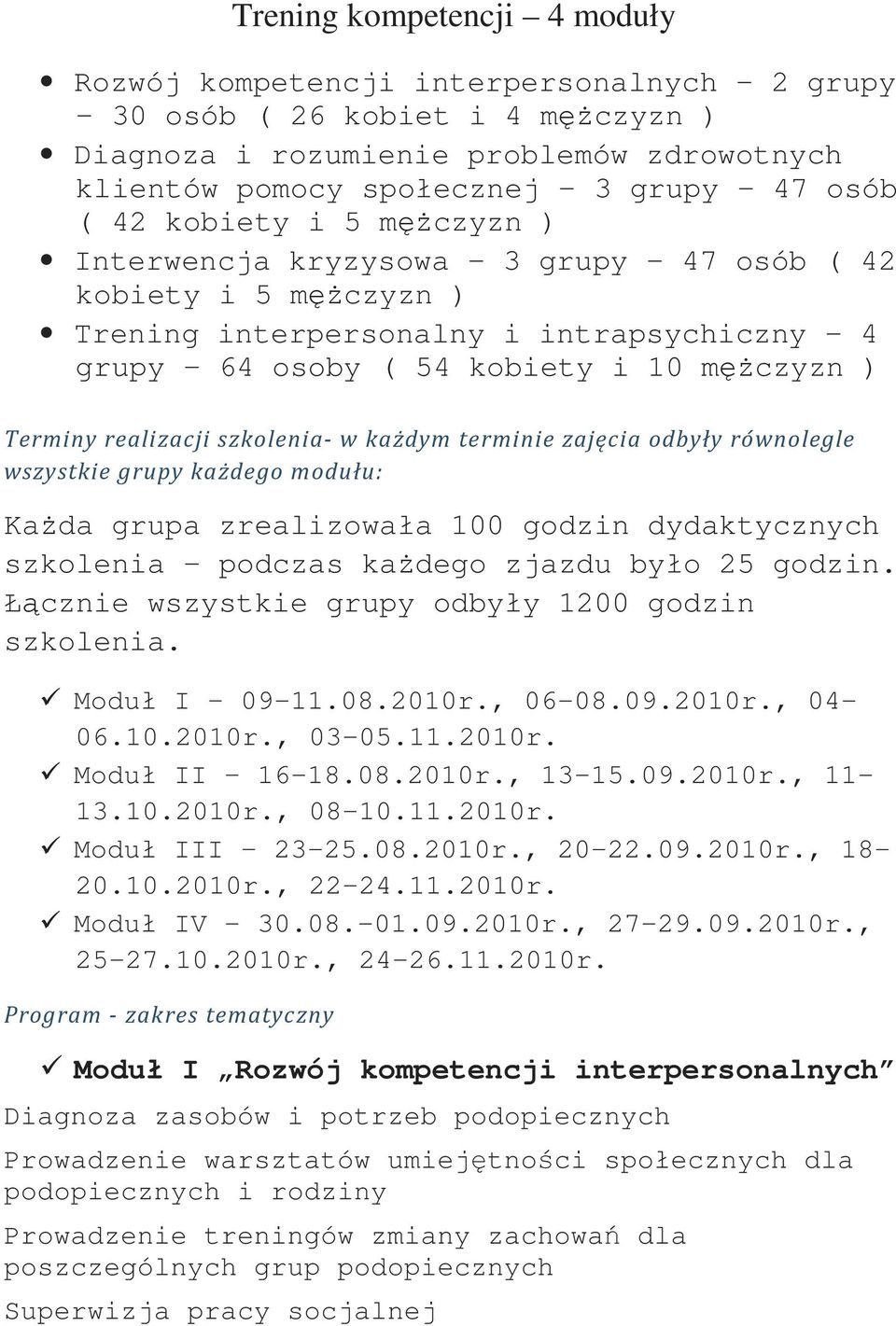 szkolenia- w każdym terminie zajęcia odbyły równolegle wszystkie grupy każdego modułu: Każda grupa zrealizowała 100 godzin dydaktycznych szkolenia podczas każdego zjazdu było 25 godzin.