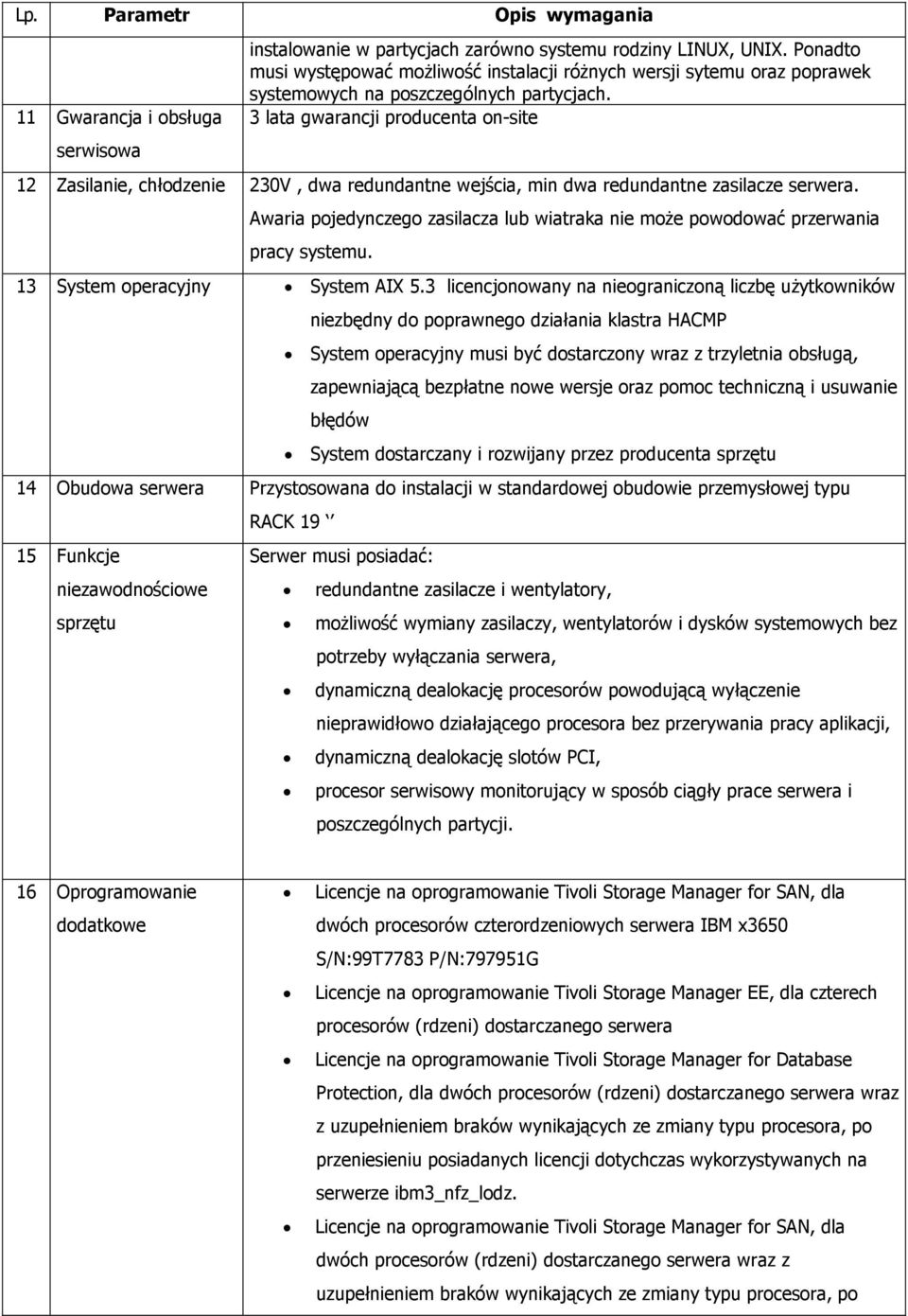 3 lata gwarancji producenta on-site 12 Zasilanie, chłodzenie 230V, dwa redundantne wejścia, min dwa redundantne zasilacze serwera.