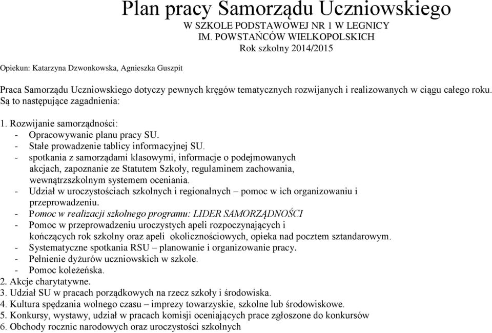 Rozwijanie samorządności: - Opracowywanie planu pracy SU. - Stałe prowadzenie tablicy informacyjnej SU.