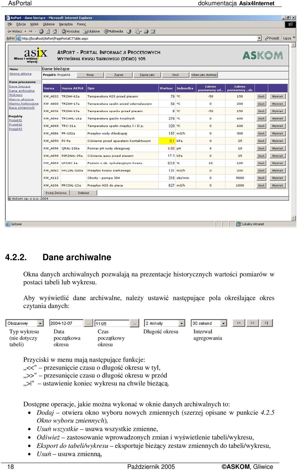 Interwał agregowania Przyciski w menu mają następujące funkcje: <<" przesunięcie czasu o długość okresu w tył, >>" przesunięcie czasu o długość okresu w przód > " ustawienie koniec wykresu na chwile