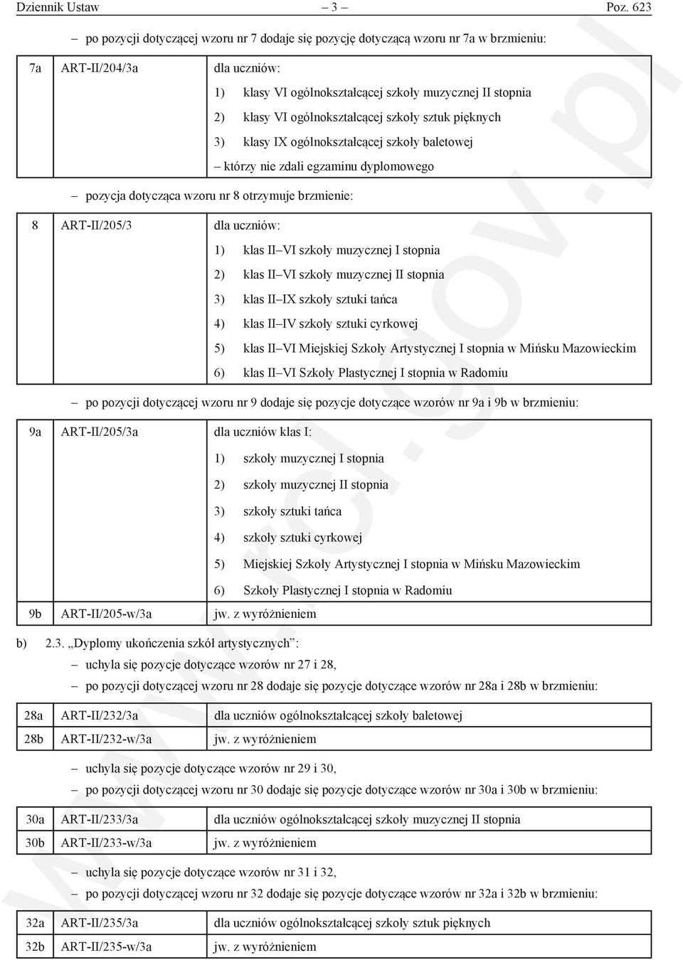 ogólnokształcącej szkoły sztuk pięknych 3) klasy IX ogólnokształcącej szkoły baletowej którzy nie zdali egzaminu dyplomowego pozycja dotycząca wzoru nr 8 otrzymuje brzmienie: 8 ART-II/205/3 dla