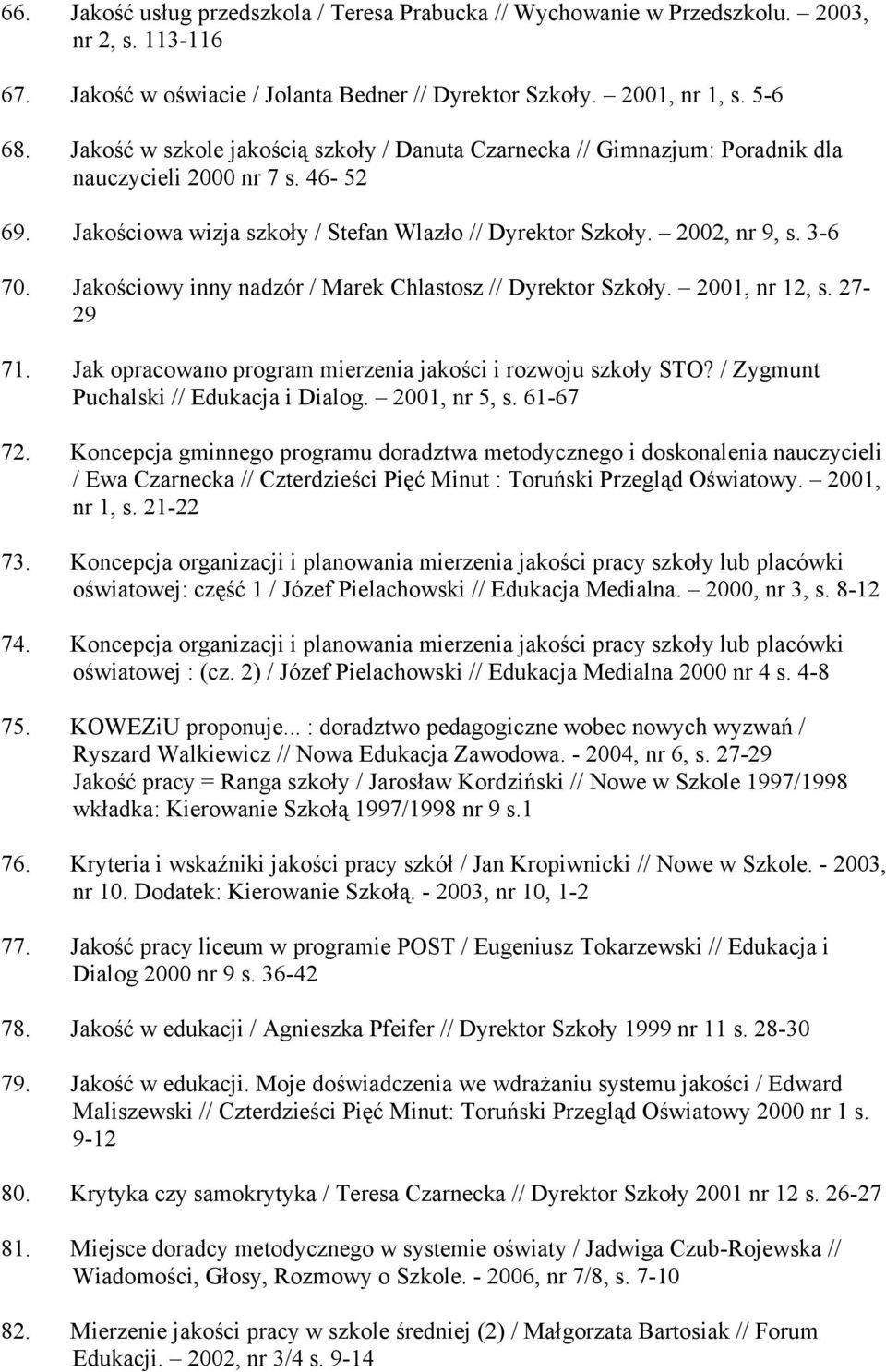 Jakościowy inny nadzór / Marek Chlastosz // Dyrektor Szkoły. 2001, nr 12, s. 27-29 71. Jak opracowano program mierzenia jakości i rozwoju szkoły STO? / Zygmunt Puchalski // Edukacja i Dialog.