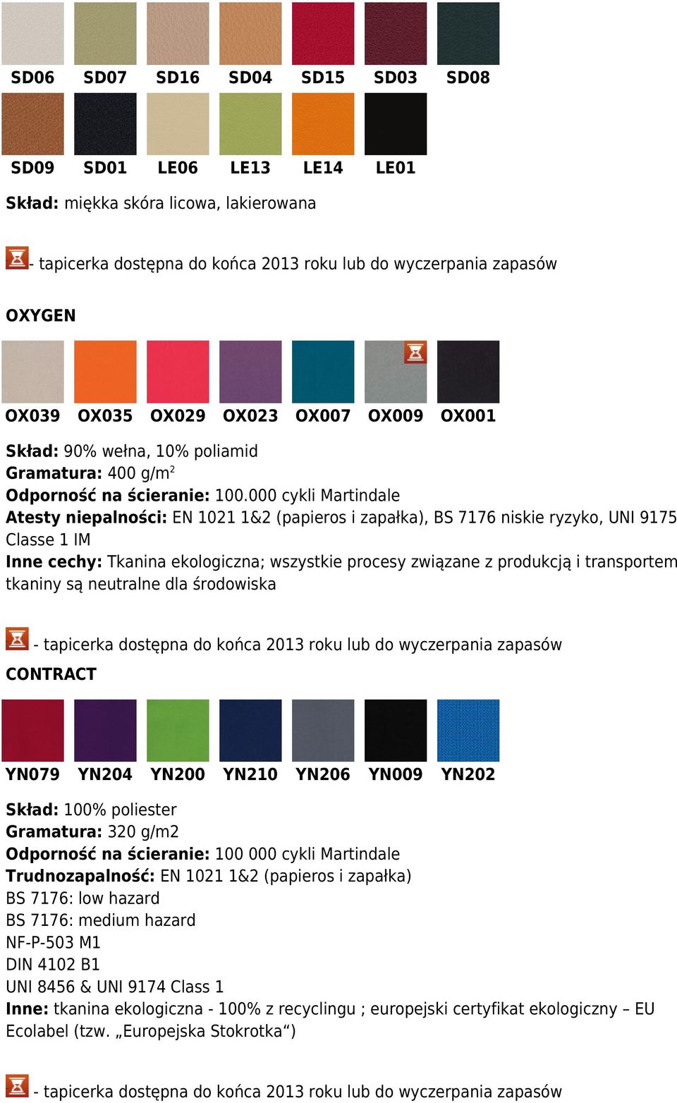 000 cykli Martindale Atesty niepalności: EN 1021 1&2 (papieros i zapałka), BS 7176 niskie ryzyko, UNI 9175 Classe 1 IM Inne cechy: Tkanina ekologiczna; wszystkie procesy związane z produkcją i