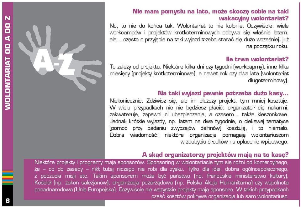 Ile trwa wolontariat? To zależy od projektu. Niektóre kilka dni czy tygodni (workcapmy), inne kilka miesięcy (projekty krótkoterminowe), a nawet rok czy dwa lata (wolontariat długoterminowy).