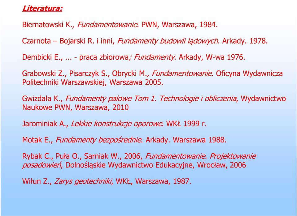 Technologie i obliczenia,, Wydawnictwo Naukowe PWN, Warszawa, 2010 Jarominiak A., Lekkie konstrukcje oporowe.. WKŁ 1999 r. Motak E., Fundamenty bezpośrednie.. Arkady. Warszawa 1988.
