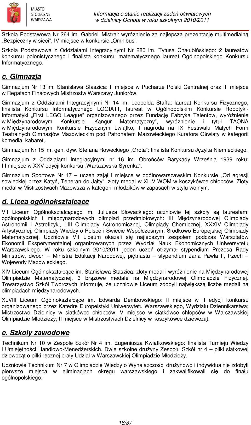 Tytusa Chałubińskiego: 2 laureatów konkursu polonistycznego i finalista konkursu matematycznego laureat Ogólnopolskiego Konkursu Informatycznego. c. Gimnazja Gimnazjum Nr 13 im.