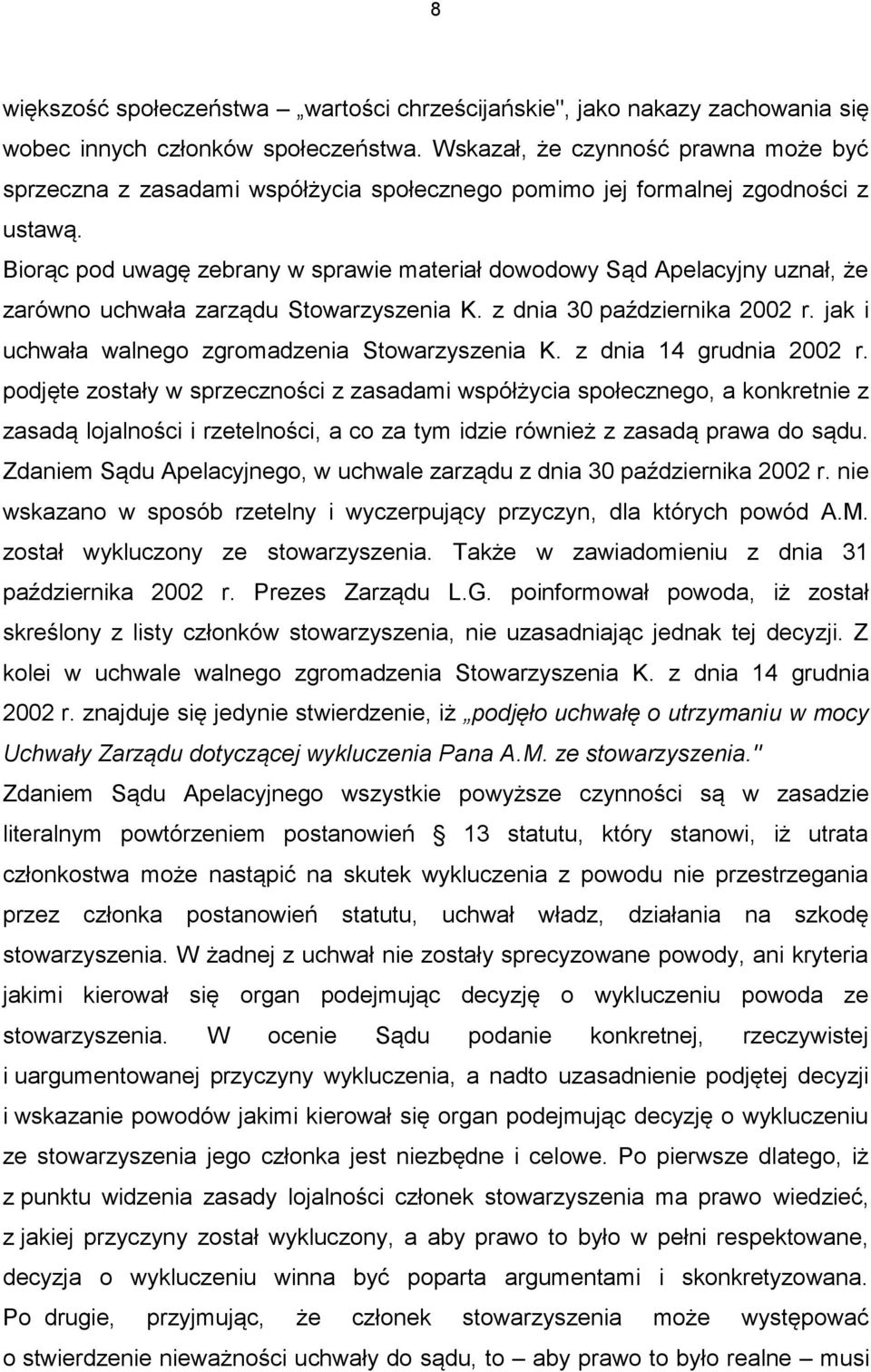 Biorąc pod uwagę zebrany w sprawie materiał dowodowy Sąd Apelacyjny uznał, że zarówno uchwała zarządu Stowarzyszenia K. z dnia 30 października 2002 r.