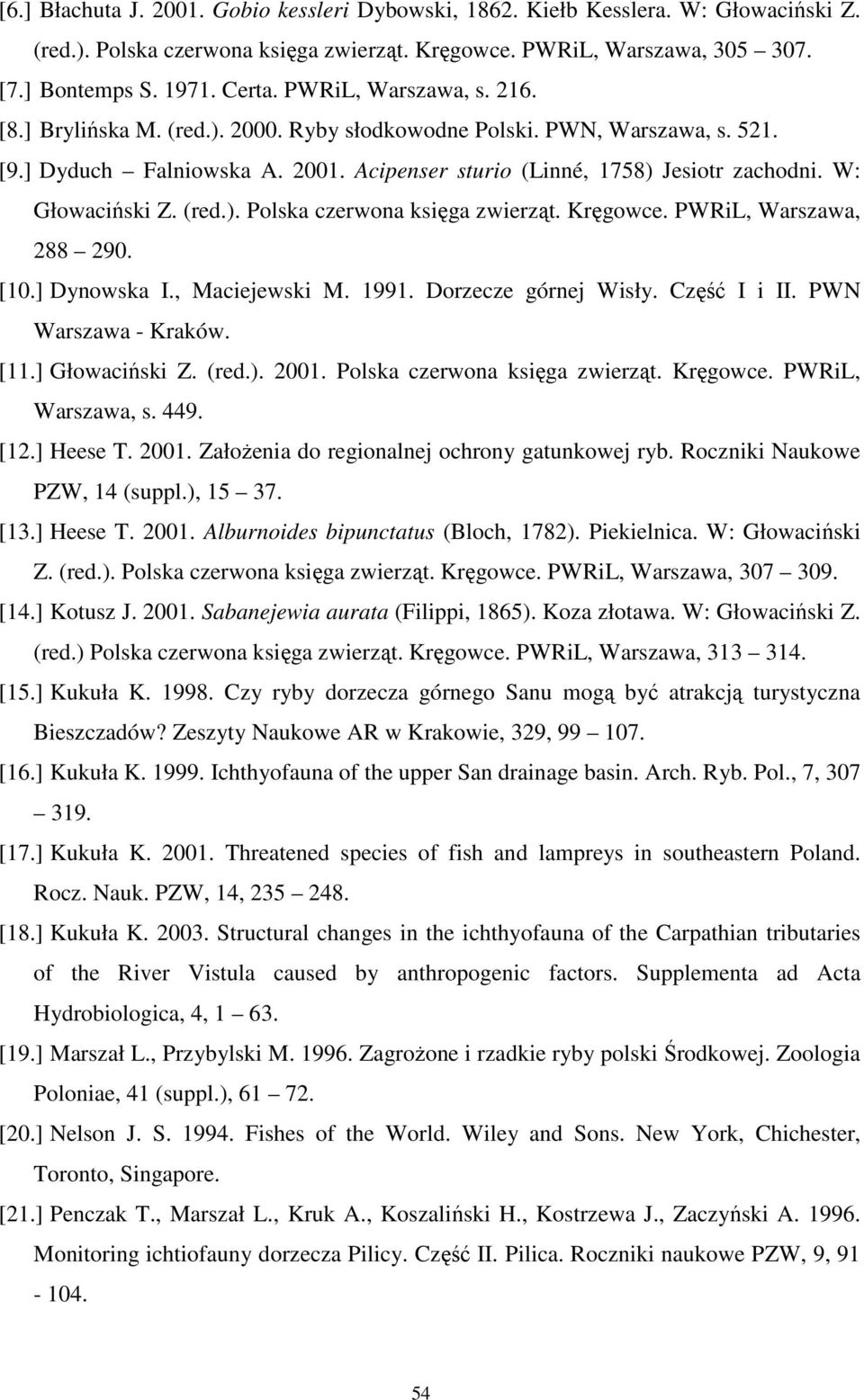 W: Głowaciński Z. (red.). Polska czerwona księga zwierząt. Kręgowce. PWRiL, Warszawa, 288 290. [10.] Dynowska I., Maciejewski M. 1991. Dorzecze górnej Wisły. Część I i II. PWN Warszawa - Kraków. [11.