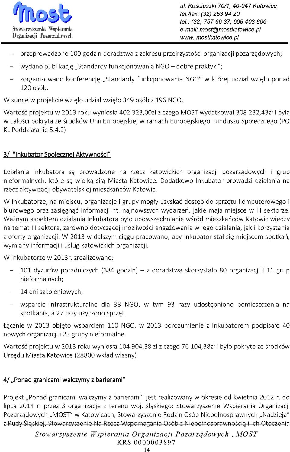 Wartość projektu w 2013 roku wyniosła 402 323,00zł z czego MOST wydatkował 308 232,43zł i była w całości pokryta ze środków Unii Europejskiej w ramach Europejskiego Funduszu Społecznego (PO KL