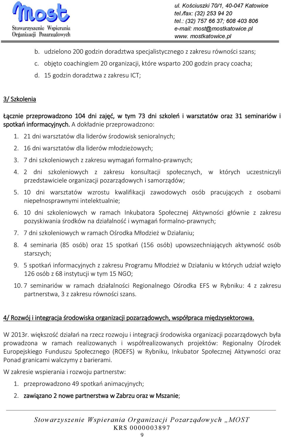 21 dni warsztatów dla liderów środowisk senioralnych; 2. 16 dni warsztatów dla liderów młodzieżowych; 3. 7 dni szkoleniowych z zakresu wymagań formalno-prawnych; 4.