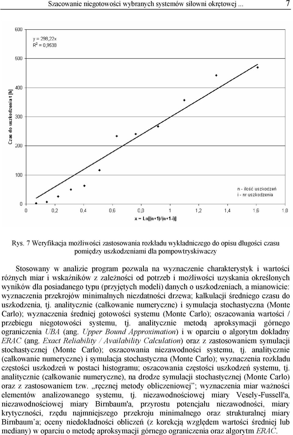 wartości różnych miar i wskaźników z zależności od potrzeb i możliwości uzyskania określonych wyników dla posiadanego typu (przyjętych modeli) danych o uszkodzeniach, a mianowicie: wyznaczenia