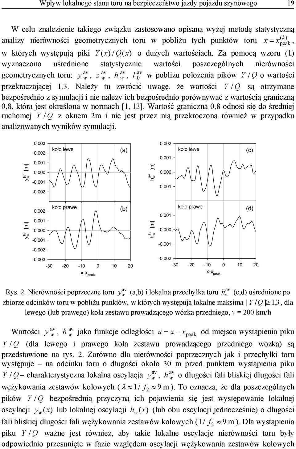 Za pomocą zoru (1) yznaczono uśrednione statystycznie artości poszczególnych nieróności geometrycznych toru: y, z, h, l 0 pobliżu położenia pikó Y / Q o artości przekraczającej 1,3.