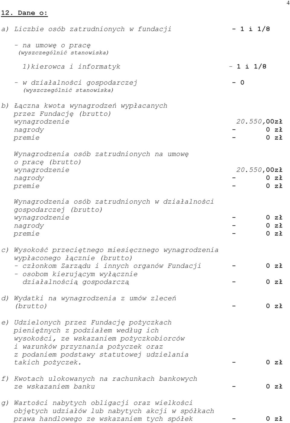 550,00zł Wynagrodzenia osób zatrudnionych w działalności gospodarczej (brutto) wynagrodzenie c) Wysokość przeciętnego miesięcznego wynagrodzenia wypłaconego łącznie (brutto) - członkom Zarządu i