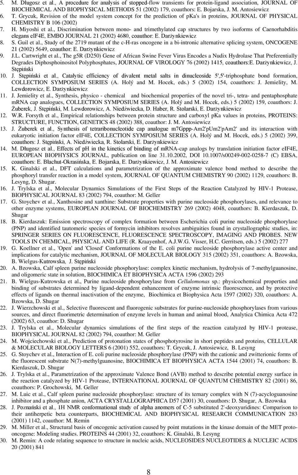 , Discrimination between mono- and trimethylated cap structures by two isoforms of Caenorhabditis elegans eif4e, EMBO JOURNAL 21 (2002) 4680, coauthor: E. Darżynkiewicz 8. S. Guil et al.