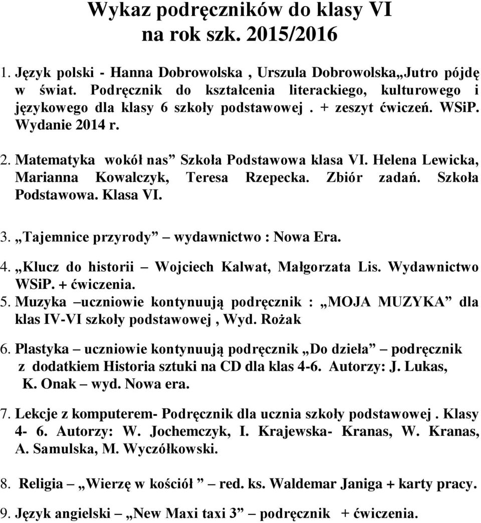 Helena Lewicka, Marianna Kowalczyk, Teresa Rzepecka. Zbiór zadań. Szkoła Podstawowa. Klasa VI. 3. Tajemnice przyrody wydawnictwo : Nowa Era. 4. Klucz do historii Wojciech Kalwat, Małgorzata Lis.