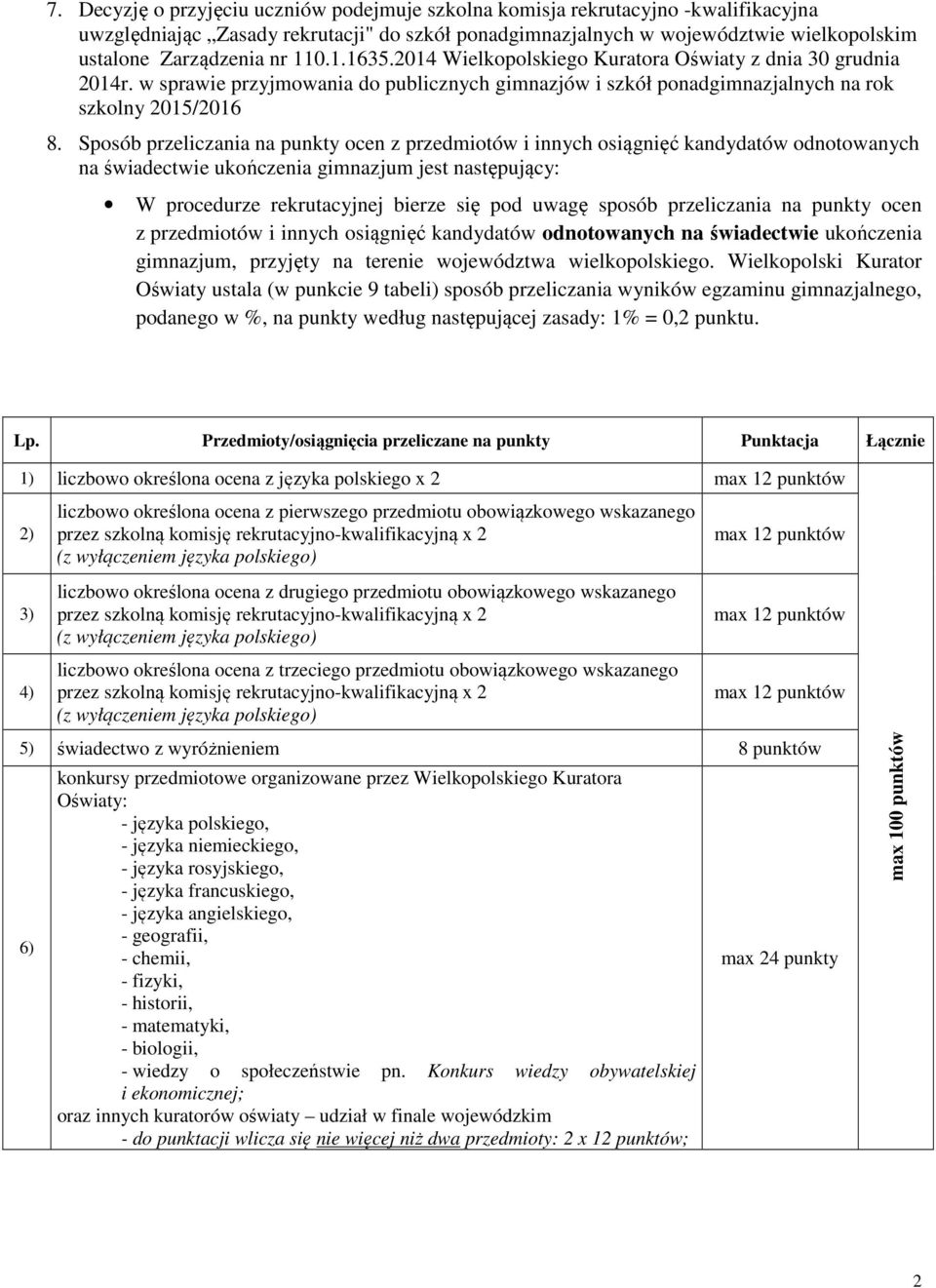 Sposób przeliczania na punkty ocen z przedmiotów i innych osiągnięć kandydatów odnotowanych na świadectwie ukończenia gimnazjum jest następujący: W procedurze rekrutacyjnej bierze się pod uwagę
