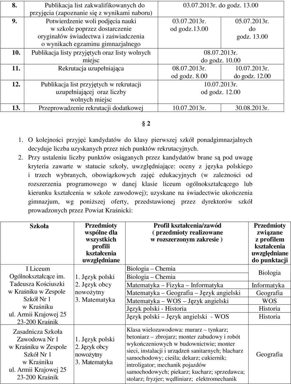 Publikacja listy przyjętych oraz listy wolnych miejsc 08.07.2013r. do godz. 10.00 11. Rekrutacja uzupełniająca 08.07.2013r. od godz. 8.00 10.07.2013r. do godz. 12.00 12.